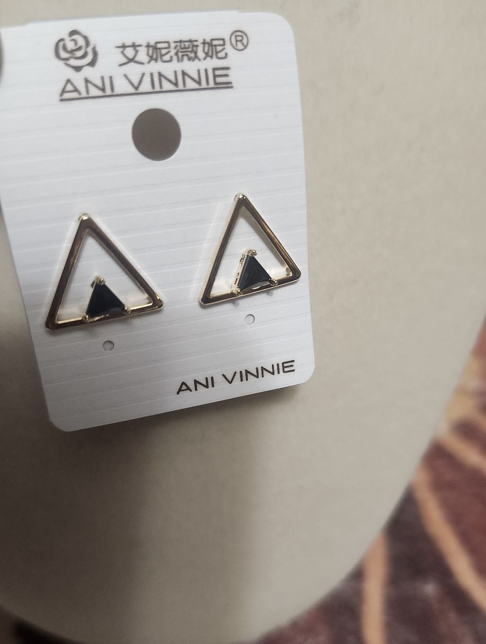 Gold Triangle Stud Earrings with Black Center